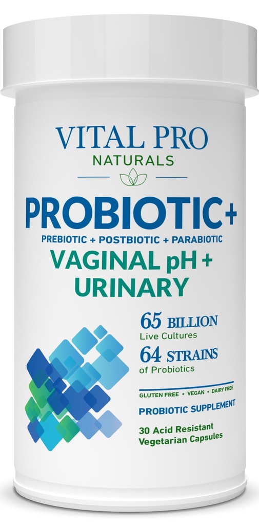 Vital Pro Naturals - Vaginální pH a moč Probiotika + Prebiotika, Postbiotika, Parabiotika, 4- in-1 dodatek pro ženy, vysoká potence, 64 Stravovací, Vaginální, Moč, Imunitní zdraví, 30 ct