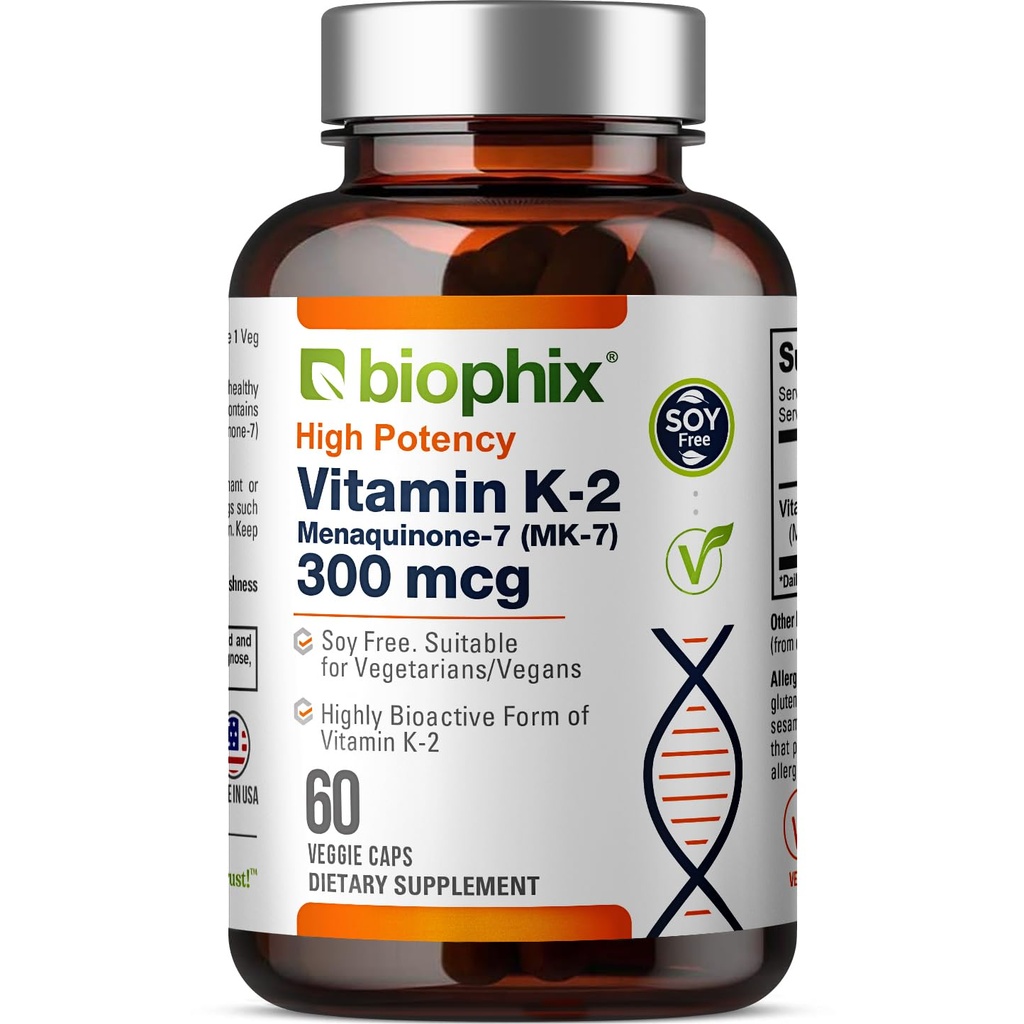 biophix vitamin K2 MK-7 300mcg, 60 Vegan Kapsle - High- Potency dodatek pro sílu kostí a imunitní zdraví