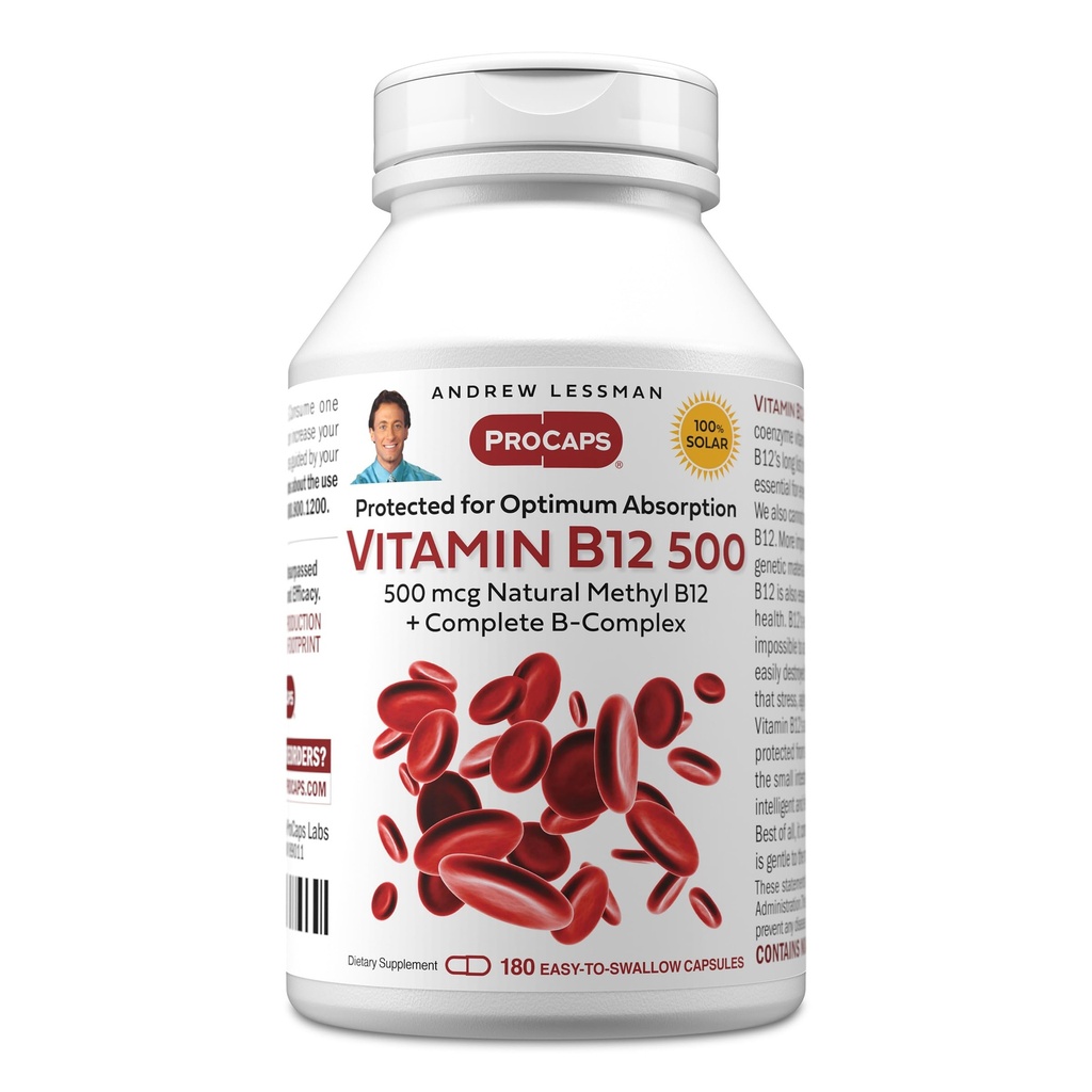 ANDREW LESSMAN Vitamin B12 500 180 Kapsle - Absorpční - chráněné methylkobalamin (přírodní koenzym vitamin B12), esenciální pro energetickou a stresovou podporu, Plus B- Complex, Snadné polykat Kapsle