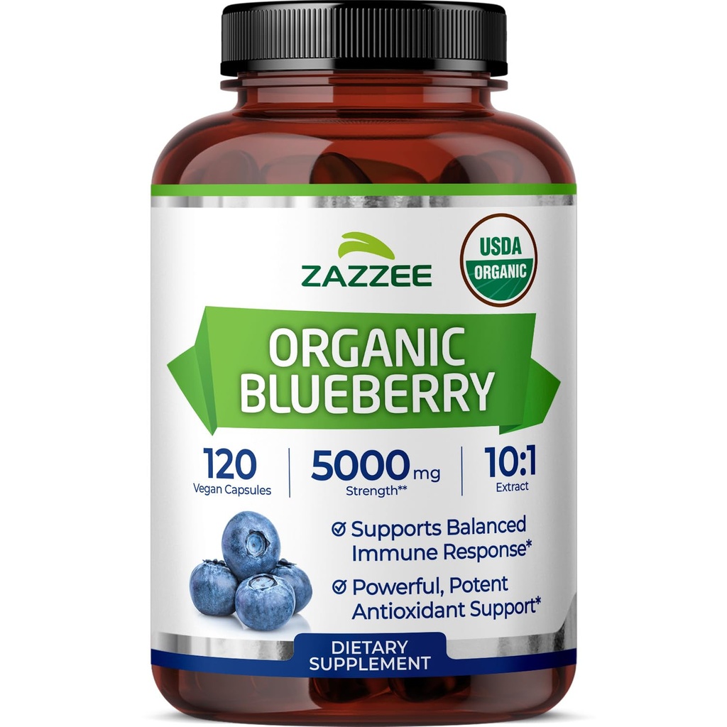 Zazzee USDA Organic Blueberry 10: 1 Extract, 5000 mg Síla, 120 Vegan Kapsle, 4 Měsíční dodávky, Koncentrované a standardizované 10X celý ovocný extrakt, 100% Vegetarian, Non- GMO, Made in USA