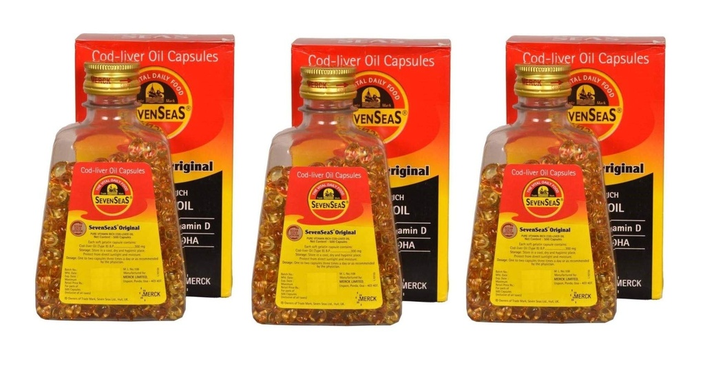 Seenseas Cod Jaterní olej 500 softgelových kapslí (balení po 3) 124; 500 * 3 = 1500 kapslí 124; čistý vitamín bohatý 124; nejlepší imunitní zdraví, zdravé kosti & svaly doplněk stravy
