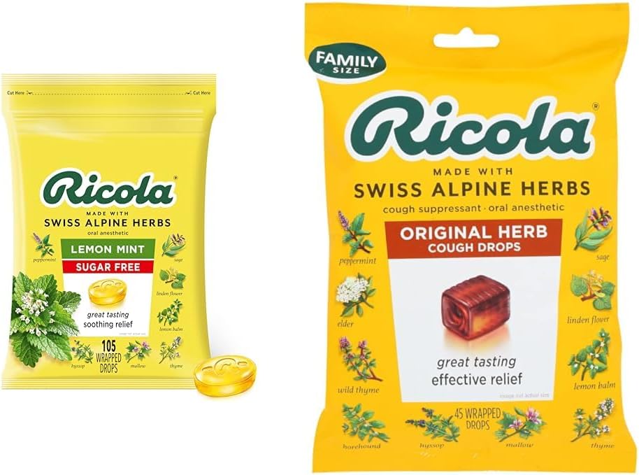 Ricola Sugar Free Lemon Mint Bylinné Kašel Suppressant Throat Drops, 105ct Bag & Original Natural Herb Cough Suppressant Throat Drops, 45 Kapky, Boj Coughs Přirozeně