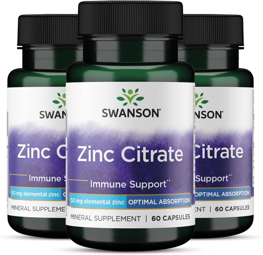 Swanson Zinek Citrát - Minerální dodatek na podporu zdraví zdravých vizí a imunitního systému - Natural Formule podporující celkové Wellness - (60 Kapsle, 50mg každý) 3 Pack