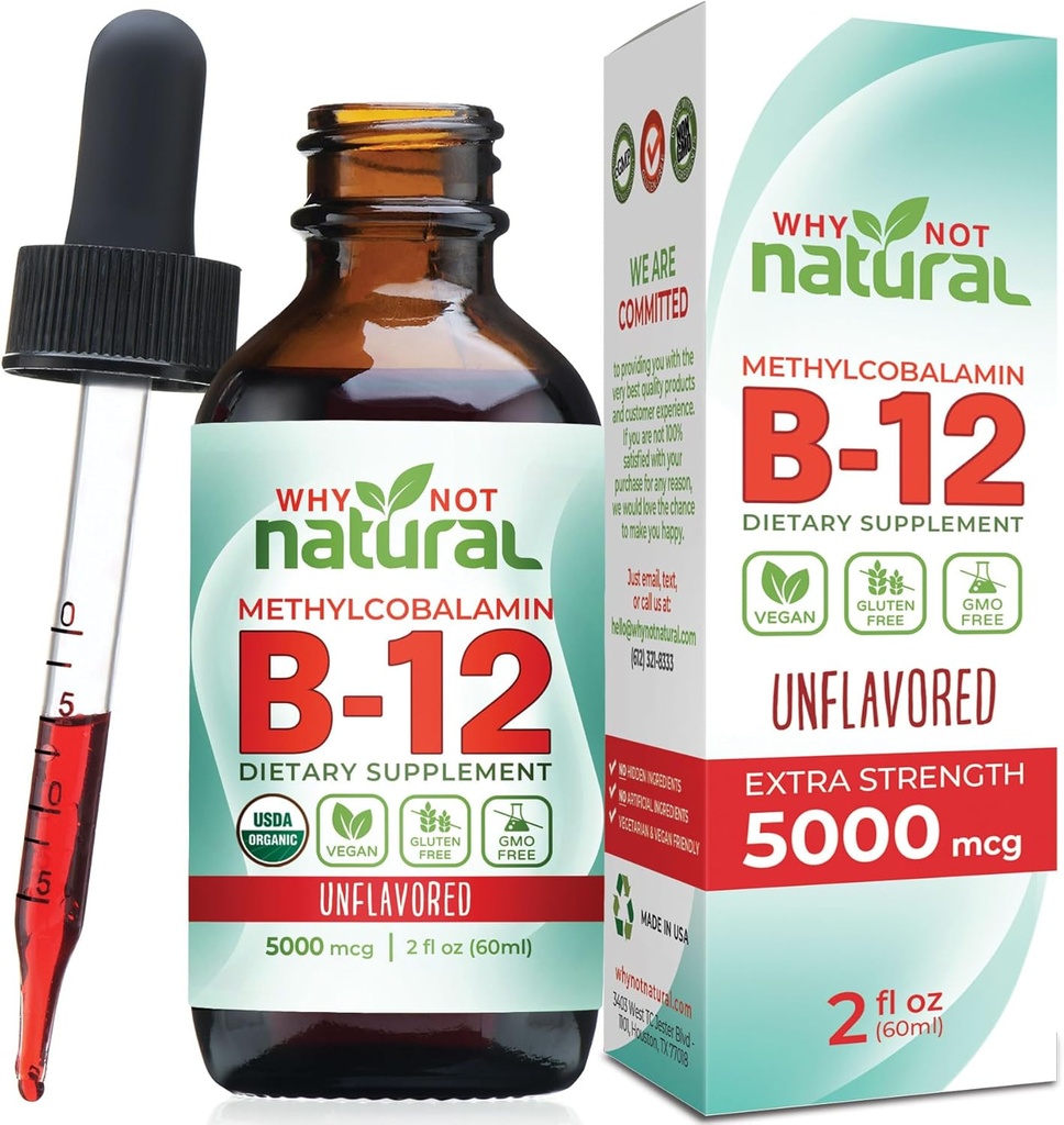 Proč ne přírodní organické vitamín B12 kapalný - Sublingvální Extra síla 60 x 5000 mcg Metylkobalamin kapky, Vegan, Maximalizovat absorpci a energii