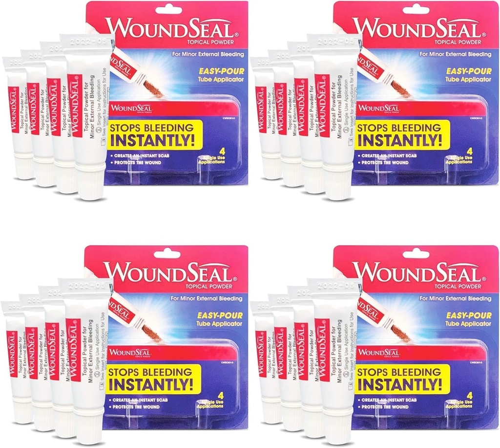 WoundSeal Powder 4 Každý (Balení po 4) - První pomoc při péči o rány, škrabky a oděrky - zastavení krvácení v sekundách bez stehy nebo bandáže