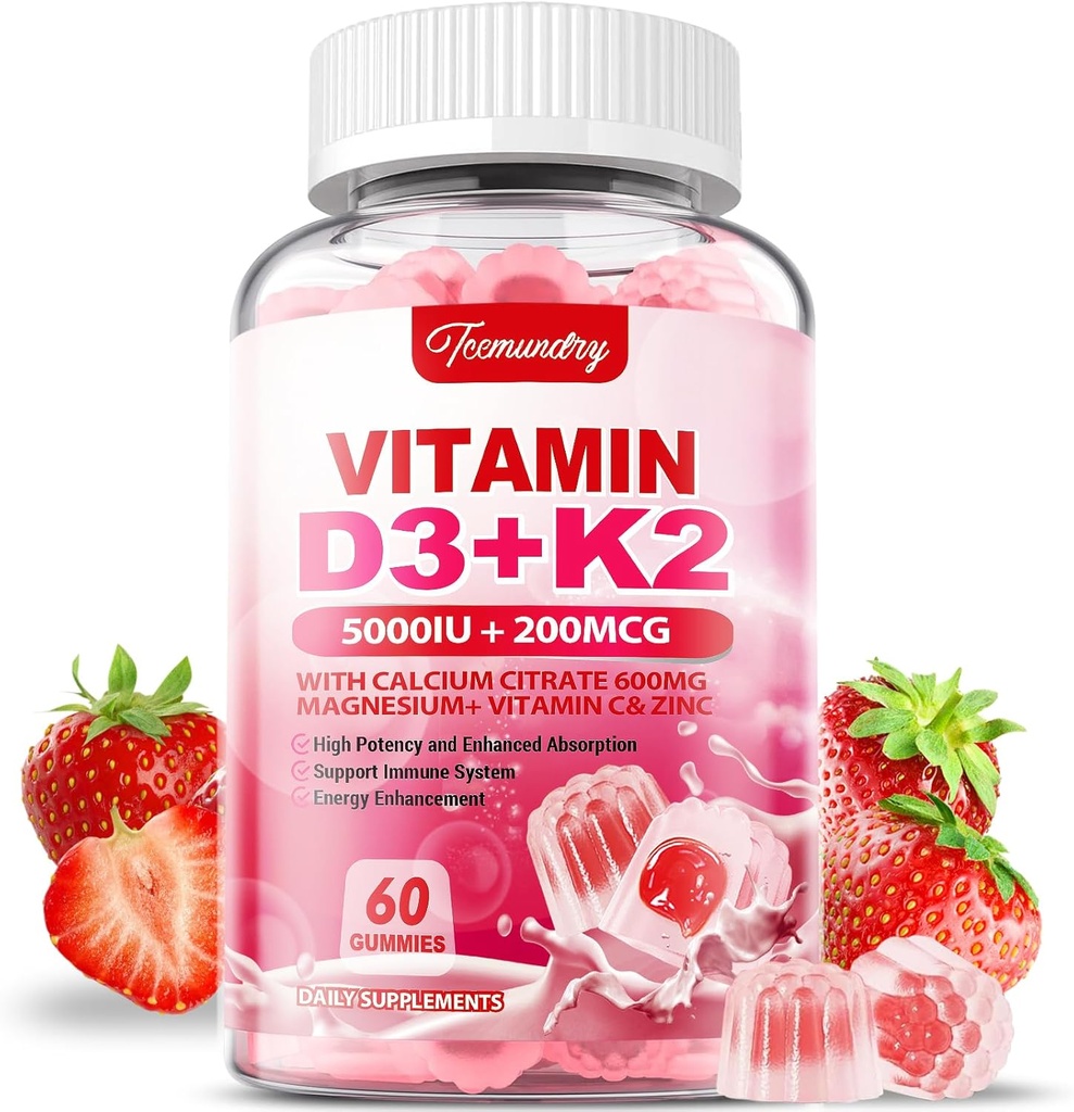 Vitamin D3 K2 dodatek pro dospělé - Vitamin D3 5000 IU + K2 200 mcg - VIT D3 K2 Gumy s vápníkem 600 mg hořčíku zinek a vitamín C pro ženy - Podpory B0ne, Muscle Imunitation