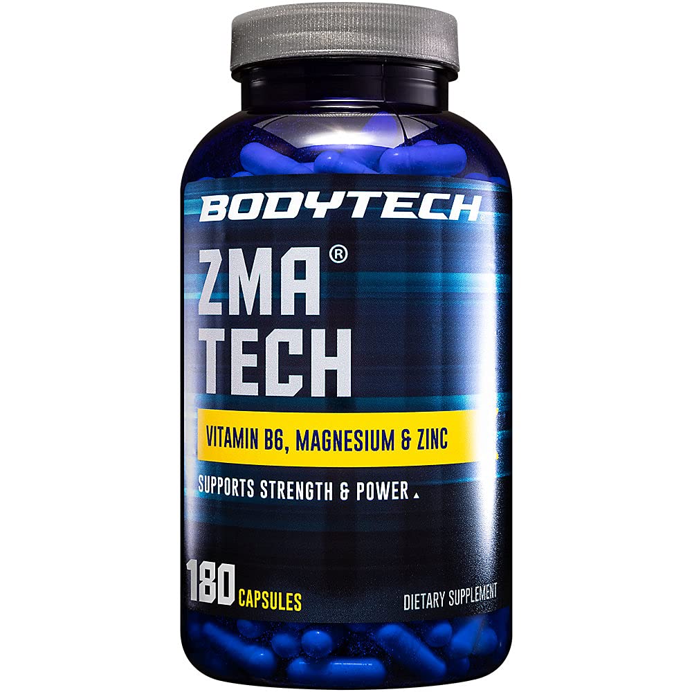 BODYTECH ZMA- Premium zinek, hořčík, a vitamín B6 dodatek k podpoře zlepšení svalové obnovy, zlepšení kvality spánku, a optimální imunitní zdraví, zvyšuje sílu svalů (180 kapslí)