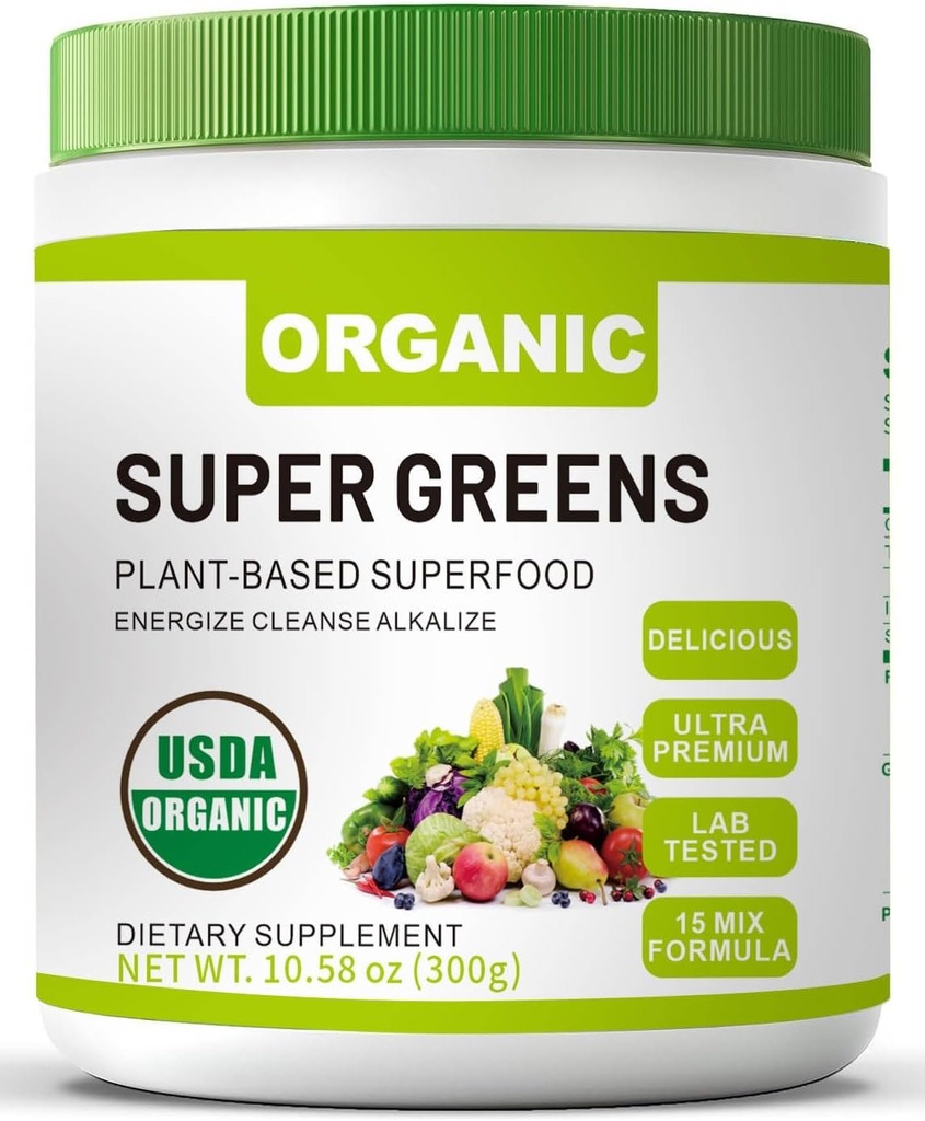 Organic Super Green Superfood Powder with Spirulina & Chlorella for Gut Health, Podporuje imunitu, trávicí zdraví, přírodní energie, probiotický, antioxidant, trávicí enzymy, (300gry)