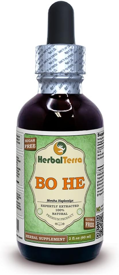 Bo He (Mentha halpocalyx) Glycerit, sušený Herb Alcohol- Free Liquid Extract (Značka: HerbalTerra, Proroudly Made in USA) 2 fl.oz (60 ml)