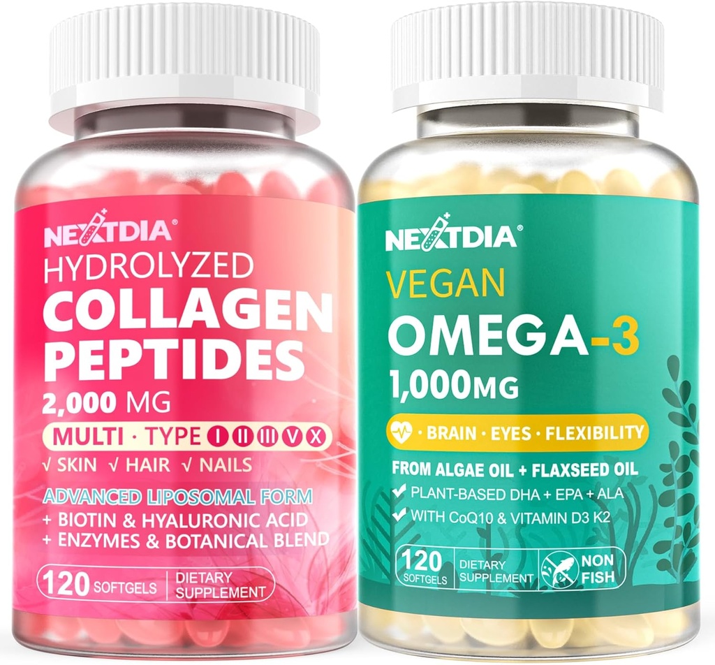 Hydrolyzované kolagen Peptidy pilulky + Vegan Omega 3 doplněk s vitamínem D3 K2