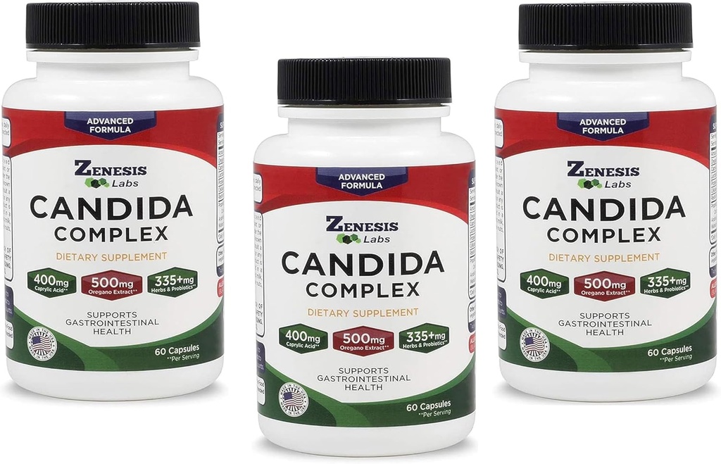 Zenesis Labs Candida Complex Cleanse Detox Capyl Acid Supplement, Oregano Extract, Probiotika, Enzymy - Bulk 180 Kapsle, 90 Day Supply (60 Kapsle / Lahev)