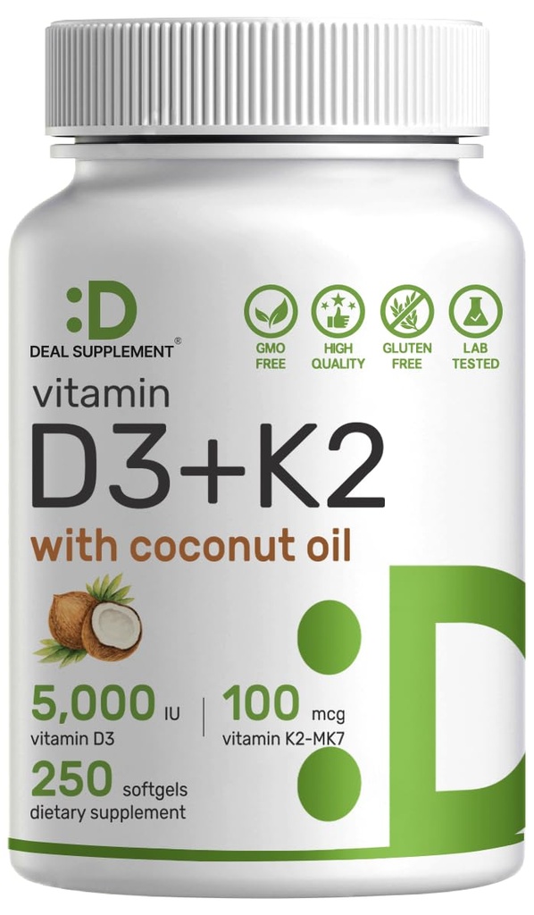 DEAL SUPPLMENT Vitamin D3 5 000 IU + K2 MK7 100mcg Softgels PHAR124; 2- in-1 Complex with Virgin Coconut Oil PHAR124; Podporuje srdce, kosti, zuby & imunitní zdraví PHAR124; Snadno polykat