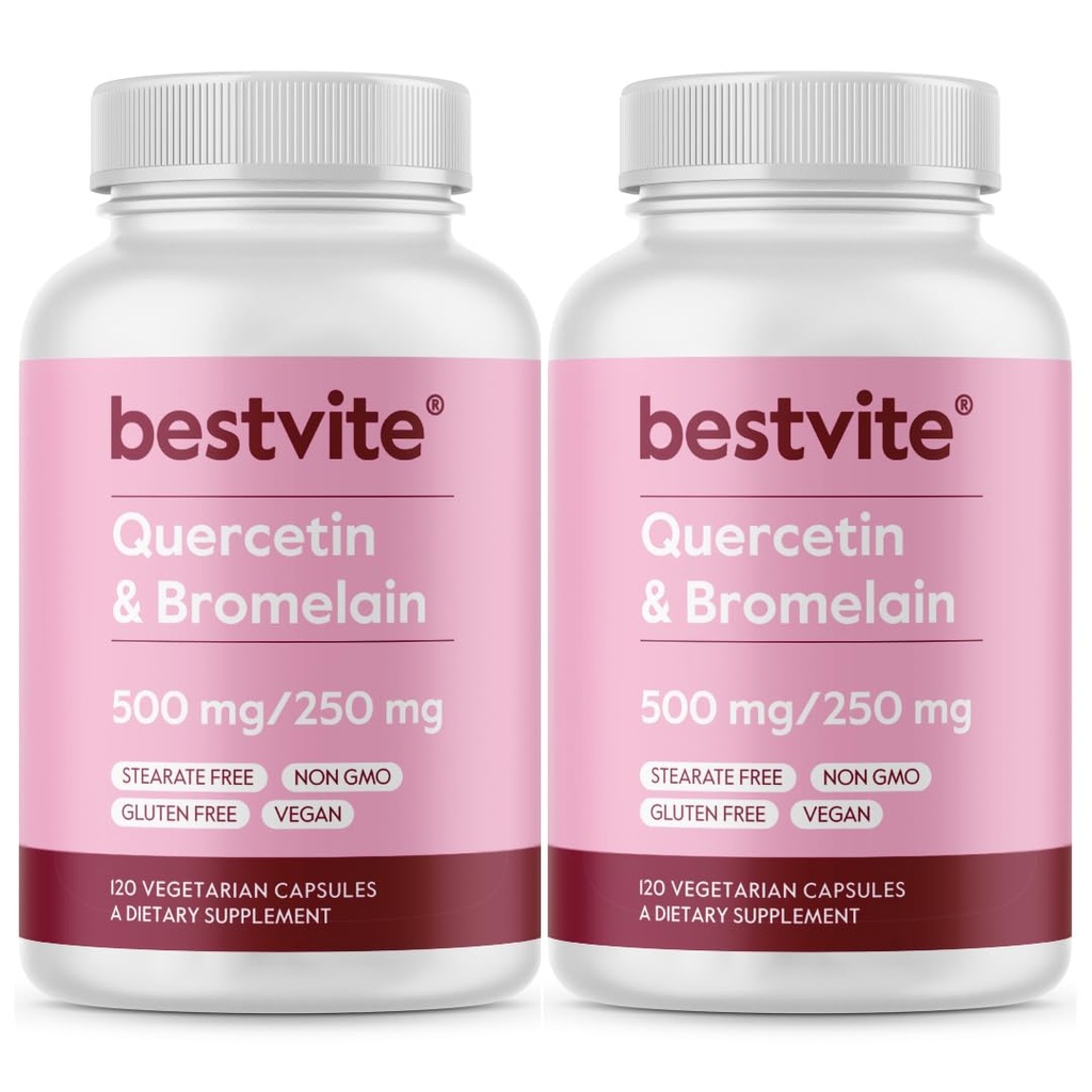 BESTVITE Quercetin s Bromelainem 500 mg / 250mg (240 Vegetariánských kapslí) (120 x 2) - No Stearates - No Silicon Dioxide - Vegan - Non GMO - Gluten Free