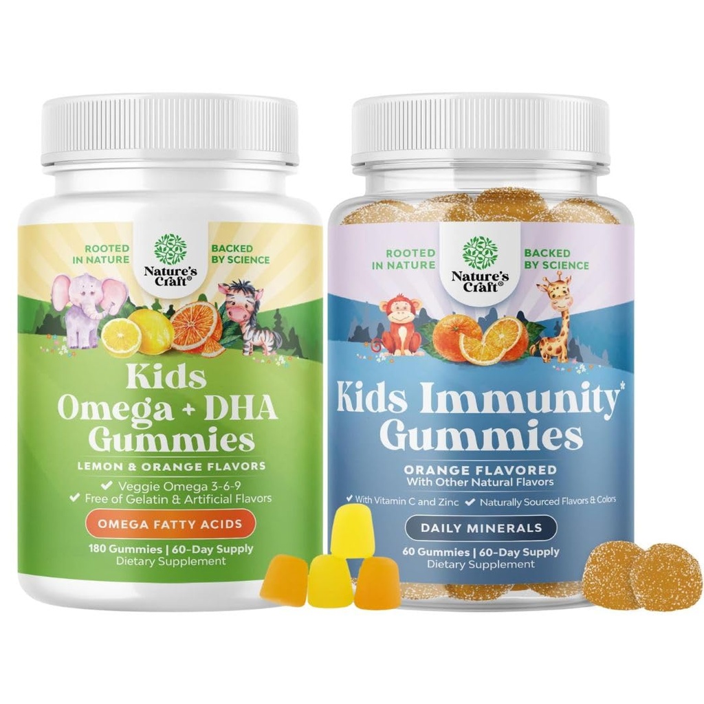 Omega DHA Gummies pro děti - mastné kyseliny Omega 3 6 9 s vitaminem C pro mozek, imunitu a vizi a děti Imunity Support Gummies - Delicious Vitamin C s zinek & Echinacea Imunitary Booster