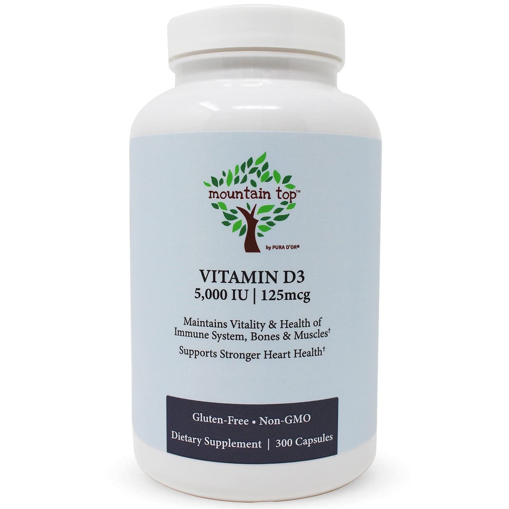 MOUNITAN TOP Vitamin D3 5000 IU 125mcg Kapsle (300 Počet) Pomáhá podporovat imunitní zdraví, silné kosti a zuby, & svalové funkce - Non- GMO, gluten- bez