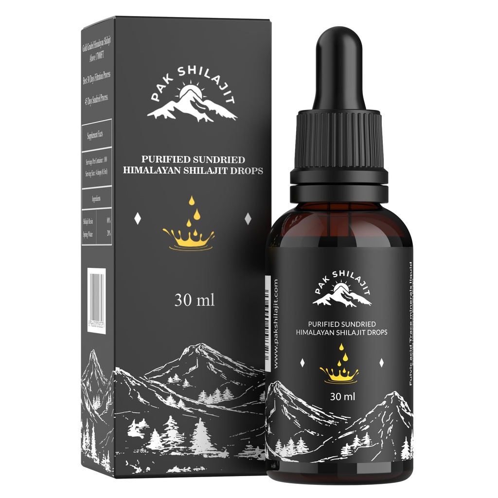PakShilajit ® Sun sušený Himalájský Shilajit kapalné kapky, nejvíce Premium & Organic Gold Graded Shilajit kapky nad 17000FT (30ML Pack), bohaté na Fulvic kyselý humic přírodní doplněk