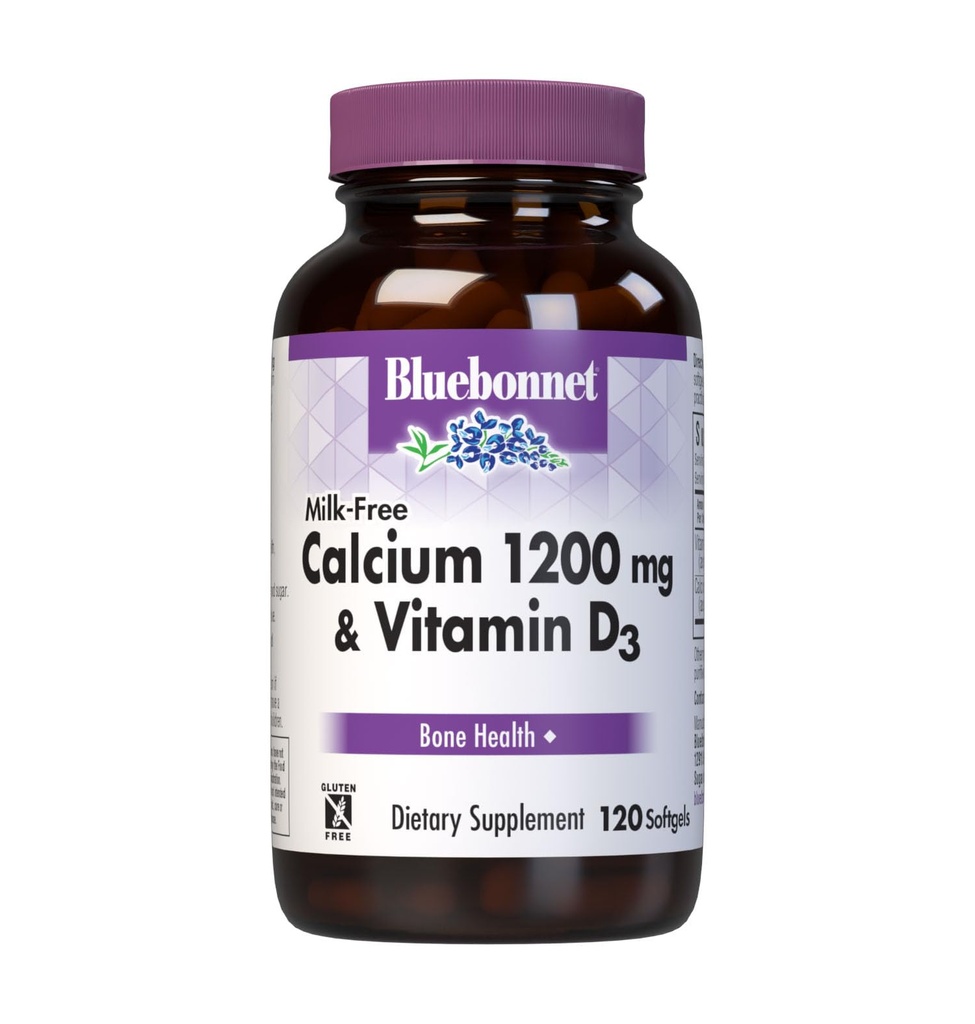 Bluebonnet Nutrition Milk- Free Calcium 1200 mg Plus Vitamin D3 400 IU - vysoká účinnost, maximální absorpce Silné zdravé kosti a imunitní doplněk pro podporu zdraví, gluten- Free, Dair- Free, 120 Softgels