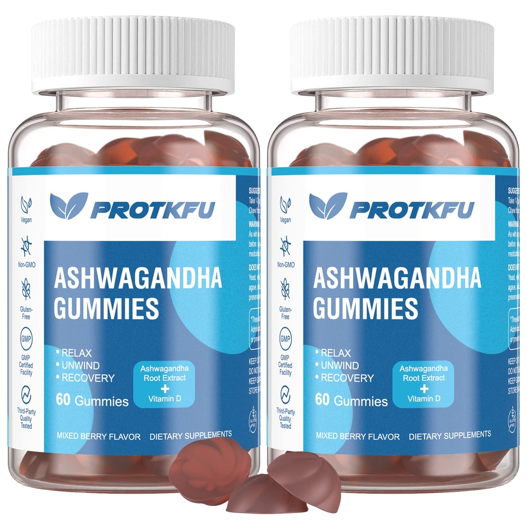 2 Pack Ashwagandha Gummies & Vitamin D3 Gummies Organic Aswangdha Dodatek pro zlepšení spánku, Stress Relief & Mood klid (Non- GMO, gluten- Free & Cukr zdarma)