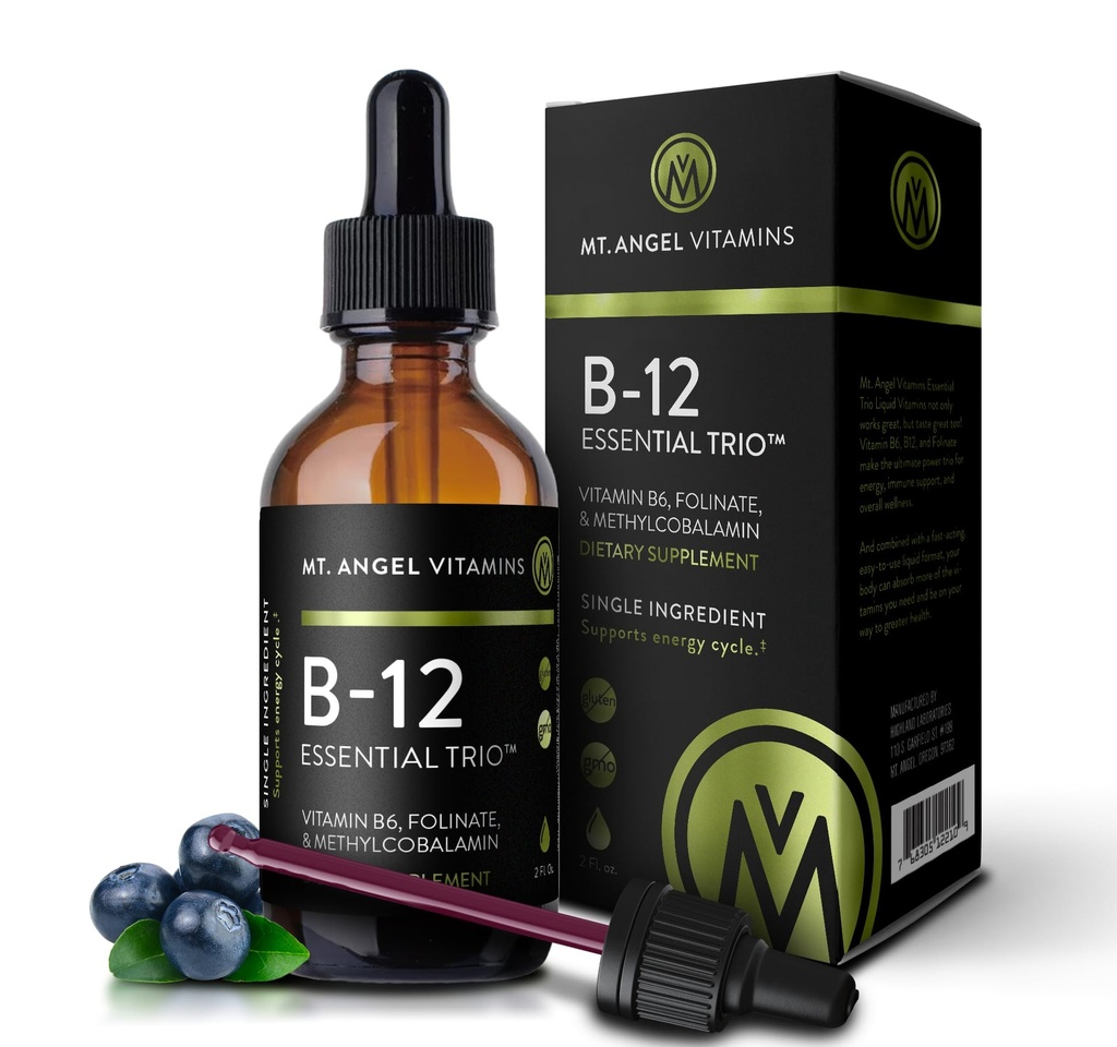 Mt. Angel Vitamins - B12 Essential Trio - Vegan Sublingual Drops with High- Potency Methyl B12, B6 & Folate - Easy Absorption Liquid - Non- GMO, Made in USA