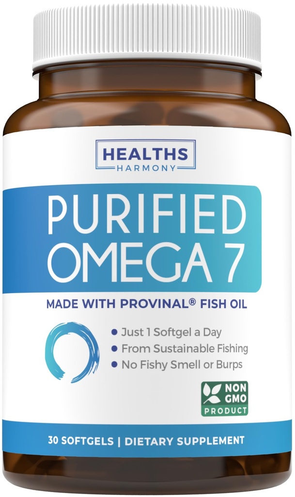 Omega 7 Dodatek pro ženy a muže - Vysoká potence a čistota Palmitolová kyselina Fatty Acid Fish Oil Dodatek z patentované Provinal s Nejnižší palmitovou kyselinou - Udržitelně sourced (1 měsíc dodávky)