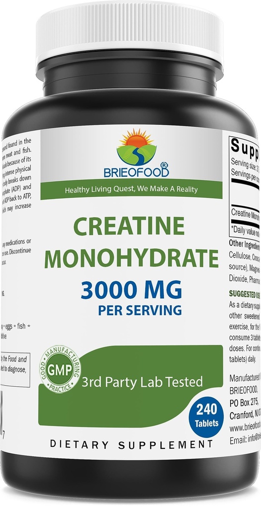 Brieofood Creatine Pills 3000 mg per Serving - 240 Tablet - 3. strana Laboratoř Testováno na čistotu a kvalitu - Pomáhá zlepšit atletickou výkonnost