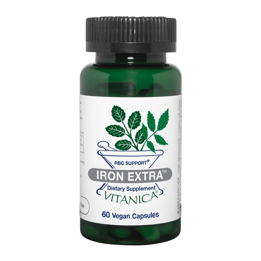 Vitanica Iron Extra, Železný dodatek Enhanced Absorpce s vitaminem C 500mg, Methylfolát 400mcg, B12 Vitamin 500mcg, vápník, Žlutý dok, Kořen kopřivy & Leaf Extract, Vegan, 60 Kapsle