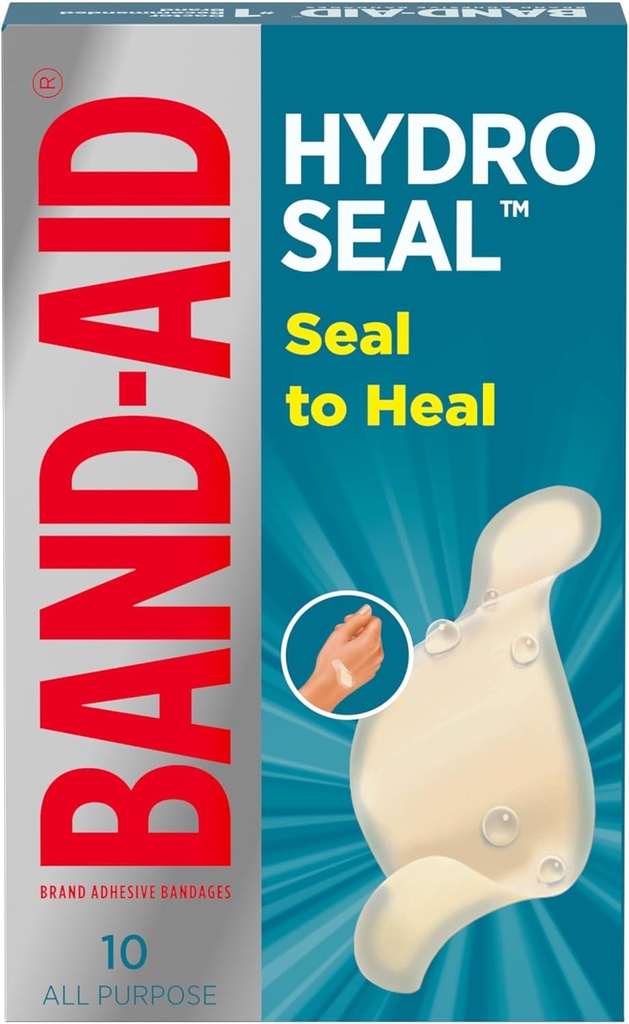 BAND- AID Brand Hydro Seal Adhesive Vodotěsné obvazy, Hydrokoloidní gel Patch pro první pomoc, Rychlejší hojení pro menší blokátory, Dělené a škrabky, 10 Počet
