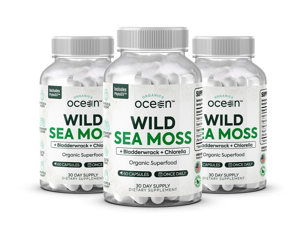 Organics Ocean Wild Sea Moss Kapsle - 100% Organic Irish Sea Moss with Organic Chlorella, Bladderwrack a Vitamin D for Energy, Lung Health a štítné žlázy Podpora pro ženy a muže - 3 Lahvičky