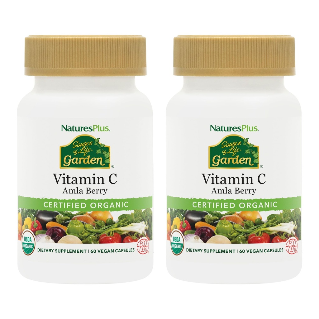 NaturesPlus Zdroj zahrady života Vitamin C - 60 Vegan Kapsle, Balení 2 - Podpora imunitního systému - Certified Organic, Non- GMO, Gluten Free - 60 Celkem Service