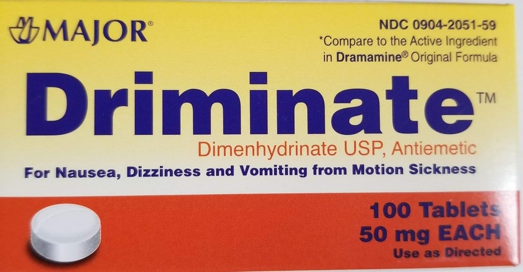Hlavní driminate ® Dimenhydrinate 50mg 100 Ct pro nauzeu, závratě a zvracení z nemoci pohybu