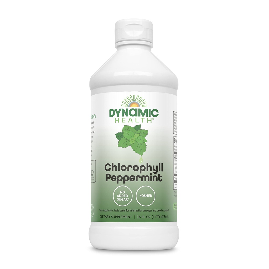Dynamic Health Liquid Chlorofyl Peppermint 100 mg, Natrium Copper Chlorofylins with Alfalfa and Mulberry Leaves, Plant Cleanse and Deodorating, No Add Sugar, 16 Fl Oz