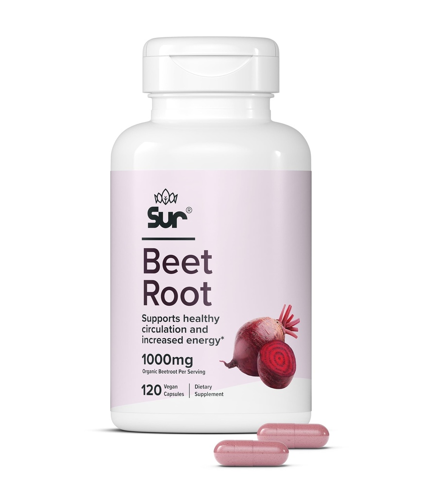 Sur Organic Beet Root Capsules 1000mg - Podporuje zdravý oběh a zvýšenou energii - Superfood z oxidu dusnatého (120 Kapsle)