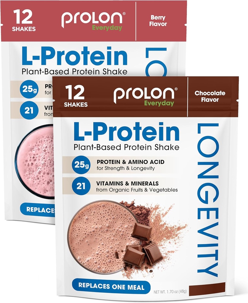 Prolon Longevity Plant Based Protein Powder 124; Muscle Syntéza & Opravy, Zdravé stárnutí, Zvyšování výkonnosti 124; Vitamíny, gluten Free, Amino Acids PHAR124; 25g proteinu PHAR124; Čokoláda a Berry, 24 Packets