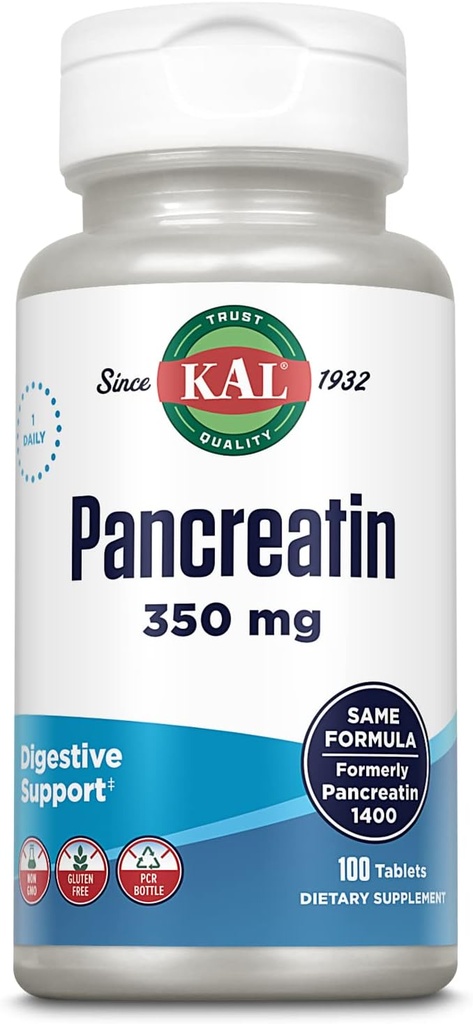 KAL Pancreatin 350mg, Digestivní enzymy pro ženy a muže, Pankreatické enzymy pro stravitelnou podporu zdraví, Gluten Free, Non- GMO, Rychlá dezintegrace, 60- denní záruka, 100 Servings, 100 Tablet
