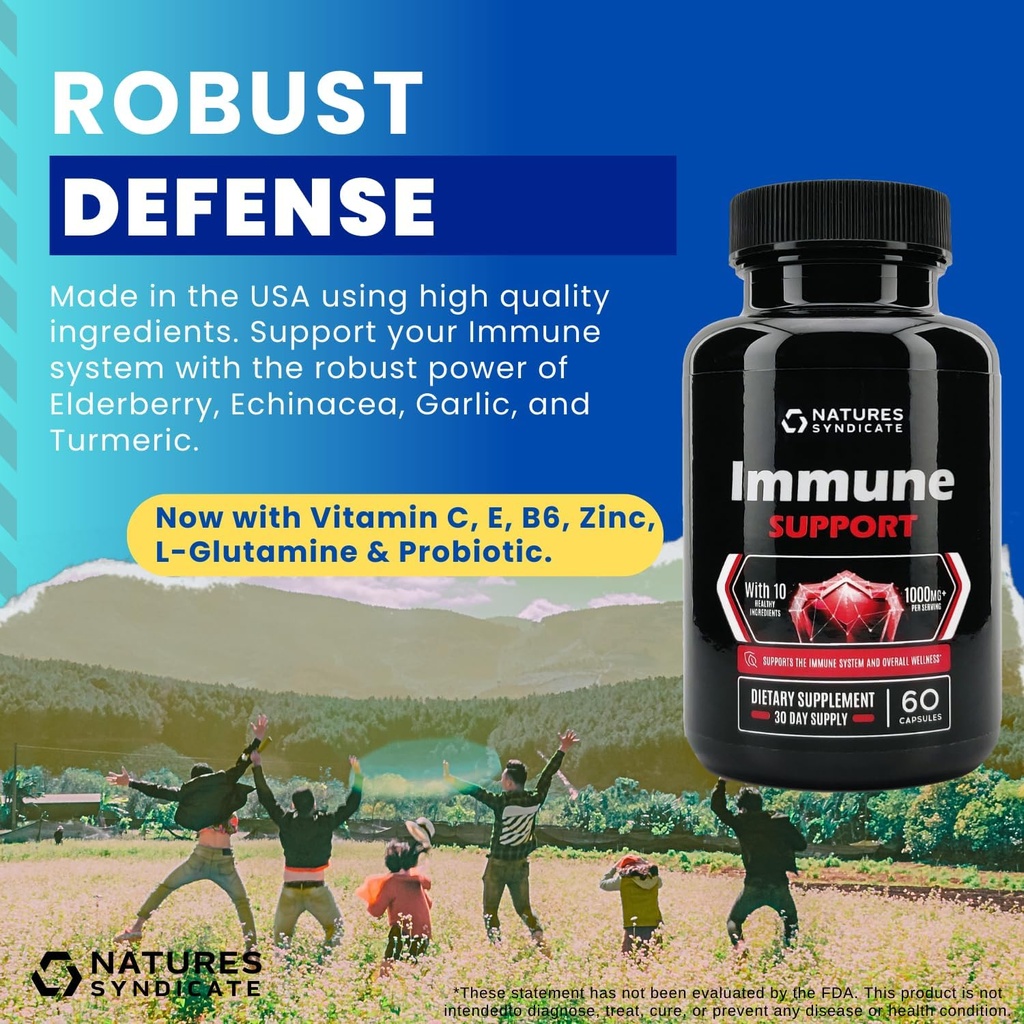 Doplněk pro imunitní podporu - 10- in-1 s Echinaceou, bezinky, česnek, kurkuma se zinkem, vitamin C, E, B6 & L-glutamin, 4.8 Milion CFU Probiotic pro dospělé