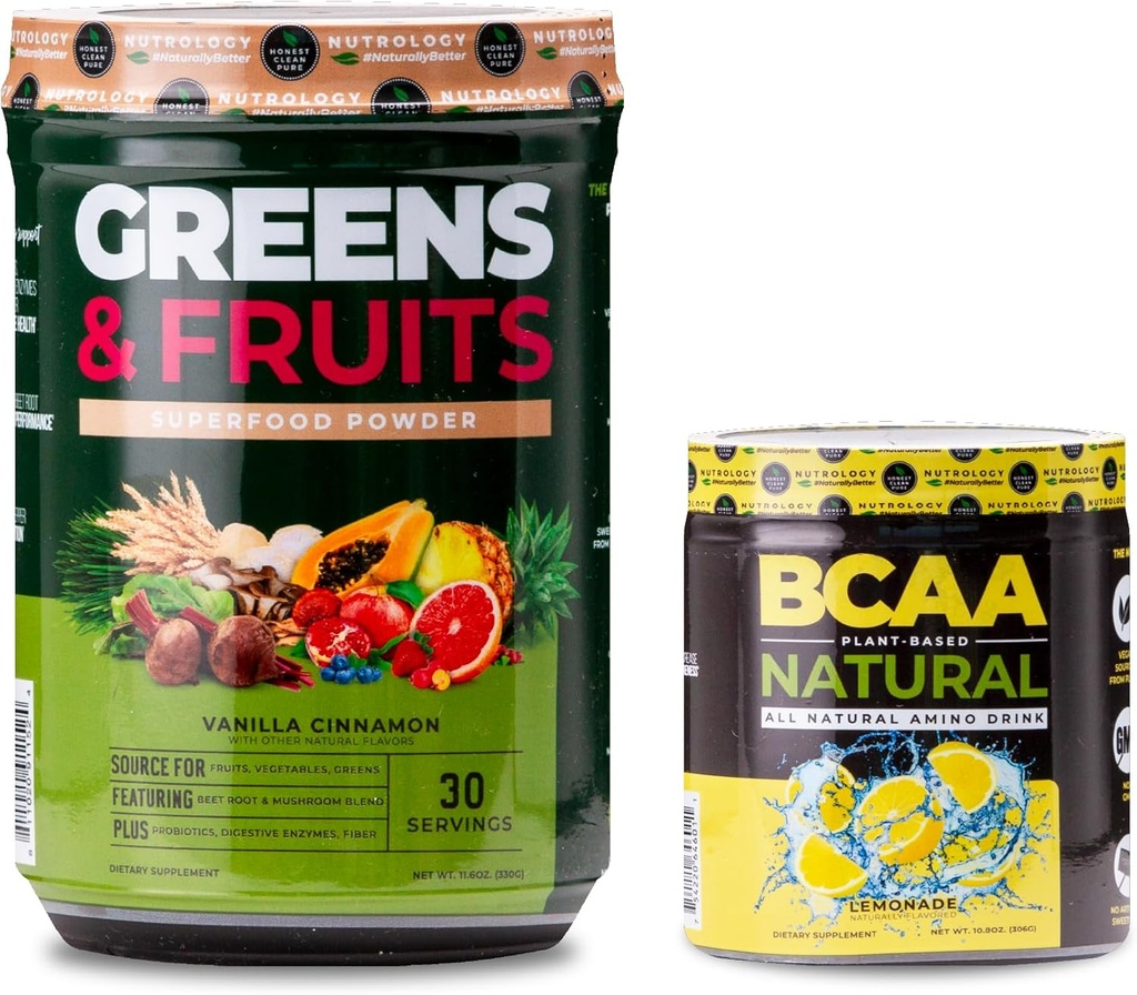 Nutrology Green & Fruits Powder- Přirozeně sourced Superfood, Vanilla Cinnamon (30 Servings) BCAA Natural, Plant Based BCAA Powder, Lemonade Flavor (30 Servings)