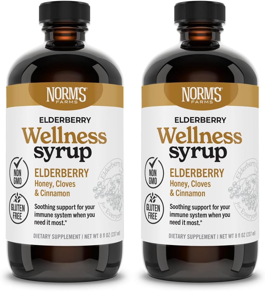 Norm 's Farms Wellness Black Elderberry Syrup with Honey, Skořice & Cloves - Made in USA, Natural Imunitary Support, No Alkohol or Fillers, Gluten- Free, Non- GMO, Vegan, Pure Elderberry Syrup - 2PK 8 Oz
