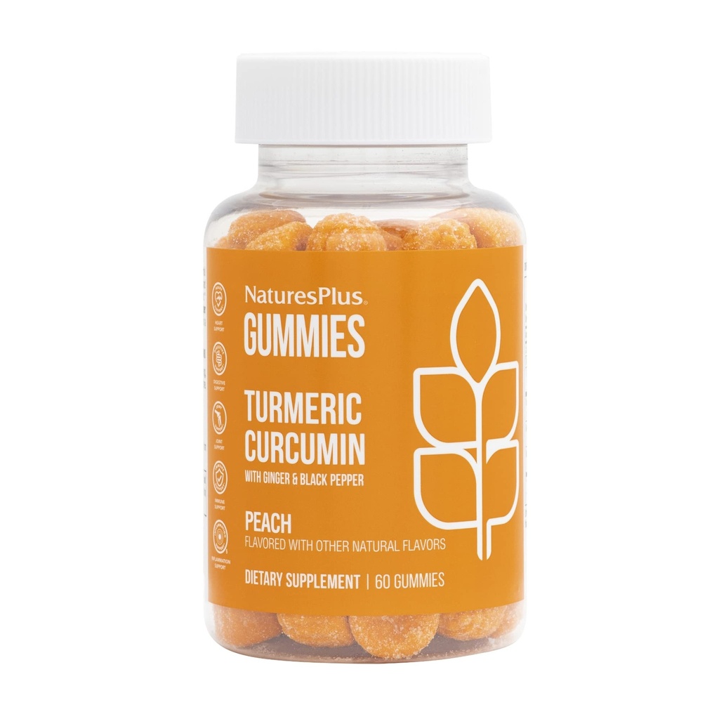 NaturesPlus Gummies Kurkumin - 60 Gummies, Peach - Podporuje společné, stravovací a kardiovaskulární zdraví - Vegan, Gluten Free, Non- GMO - 30 Služeb