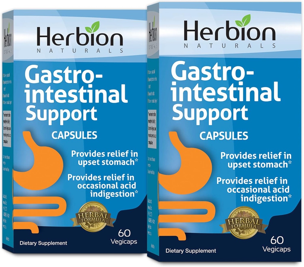 HERBION Naturals Gastrointestinální podpora Bylinné mísení pro upset Somech Relief, Gastrointestinální zdraví a funkce, příležitostné kyselé požití, Zdravá střevní Flora, 60 Vegicaps - Balení 2