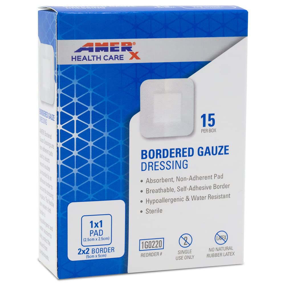 2 "x 2" Dressing (1x1 Pad) AMERX Borded Gauze - Adhesive Bandages - Water Residant Barrier - Self Adhesive Border - Dýchatelné, hypoalergenní - 15 Pads Per Box