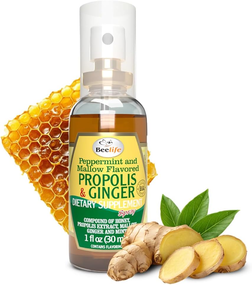 Beelife Propolis Krční sprej - Soothing Honey & Ginger Propolis - Natural Imunitation Support & Sore Throat Relief, Antioxidanty, Bohaté na Flavonoidy & Artepilin C, No Sugar, Gluten- Free - 1- Pack, 30ml