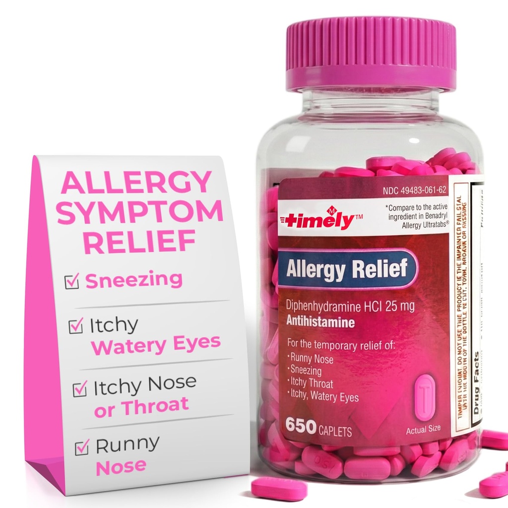 Časové alergie Relief Difenhydramine HCl 25 mg - 650 Kaplet - Ve srovnání s Benadryl Alergie Ultratab - Antihistamin - Alergie Medikace - Runny Nose Relief pro dospělé - Watery Eyes Treatment
