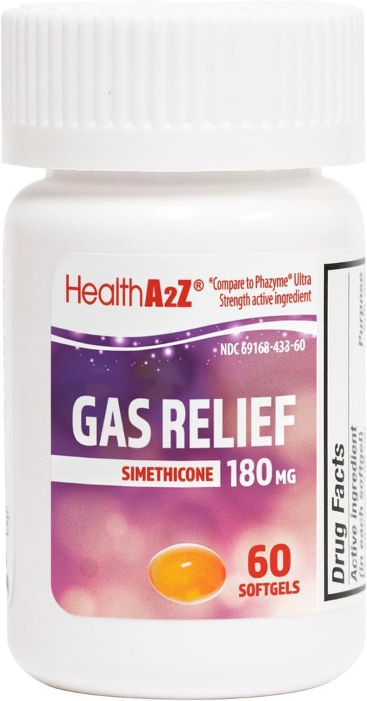 HealthA2Z ® Gas Relief Simethicone 180mg CLAS124; Relieves from Stomach Discomfort and Gas CLAS124; Anti Flatulence CLAS124; Relieves Gas Fast (60 Počet balení po 1)