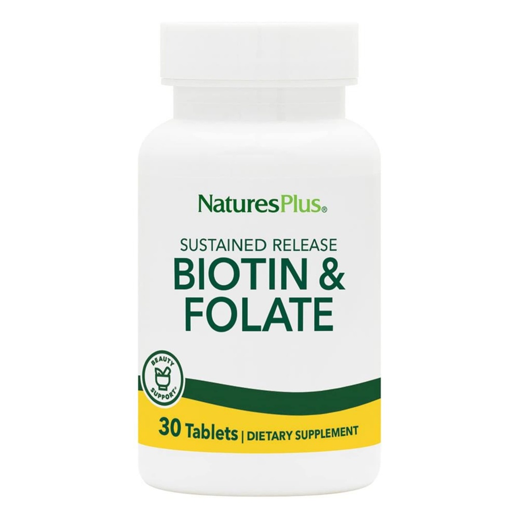 Naturations Plus Biotin & Folic Acid (Methylfolát), Setrvalá verze - 30 Vegetariánských tablet - Vitamin B7 & Vitamin B9, Podporuje růst vlasů, Energy Booster, Prenatal Vitamin - Lepek - 30 Služeb
