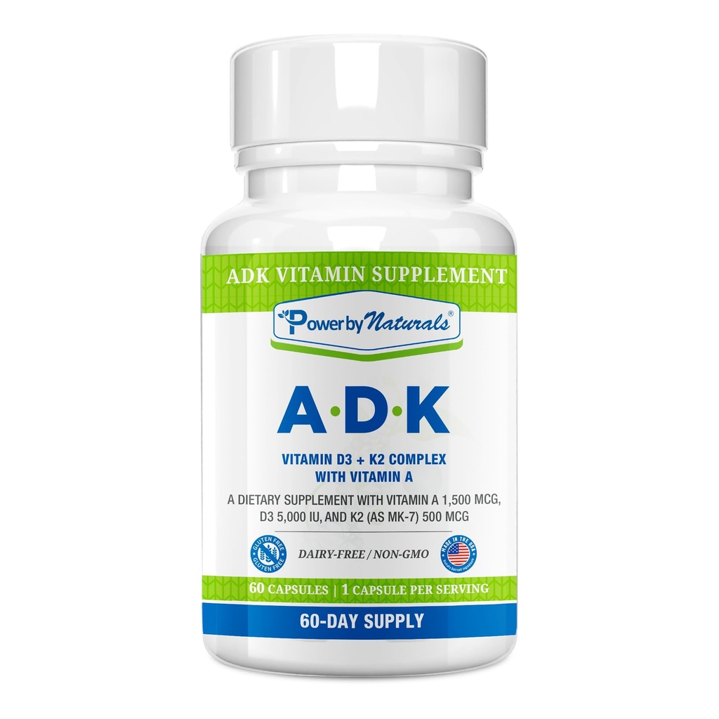 Power By Naturals ADK Vitamin Supplement - Vysoká potence směsi VIT A D3 K2 Vitamin 5000 iu - Podpora kostí, srdce a imunitního zdraví - 60 Kapsle (2 Měsíční zásoba)