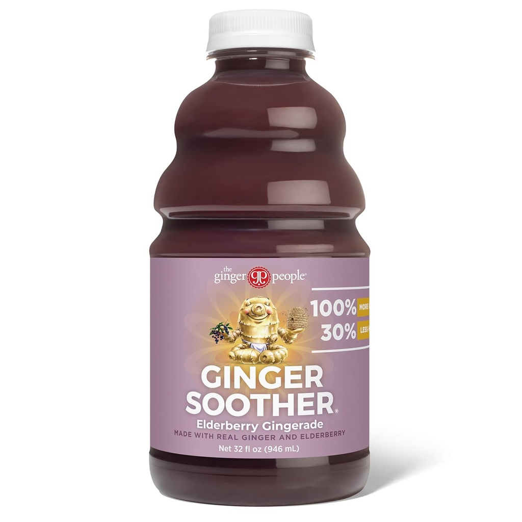 Ginger Soother Elderberry Ginger - Imunitní podpora, 30% méně sladké, více Ginger, skutečné jednoduché ingredience, Užijte si teplé nebo studené - 32 Fl Oz láhev (balení po 1)