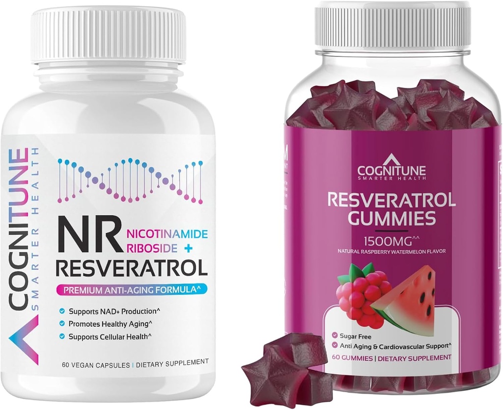 Zdravý doplněk stárnutí Bundle - Nicotinamid Ribsoside Complex a Resveratrol Gummies - 5- in-1 Anti Aging Formule Plus Resveratrol Gummies