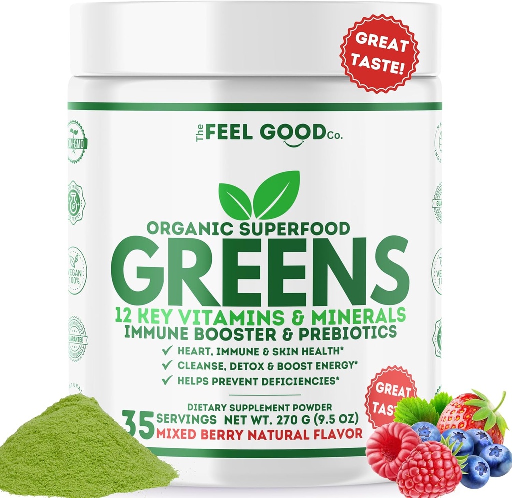 The Feel Good Super Green Powder - Organic Green Juice, Wheat Grass No Added Sugar, Spirulina, Chlorella, Probiotika, Digestive Enzyme, Antioxidant Rich, Imunity Boost Green Superfood, 35 SVG, Denní