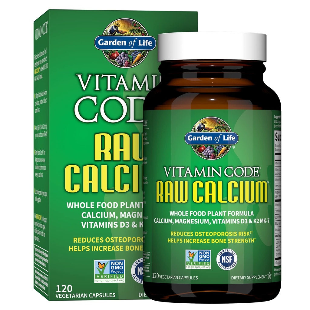 Zahrada života Syrový doplněk vápníku pro ženy a muže - Vitamin kód vyrobený z celých potravin s hořčík, K2, Vitamin D3 a Vitamin C plus Probiotika pro potravu, 120 Kapsle