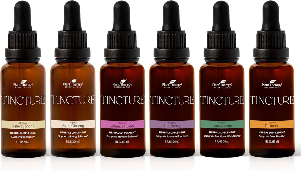 Plant Therapy Organic Tinctures Beginner Set 30 ml Každý z Organic Ashwagandha, Asian Ginseng, Echinacea Blend, Elderberry, Lemon Balm & Turmeric